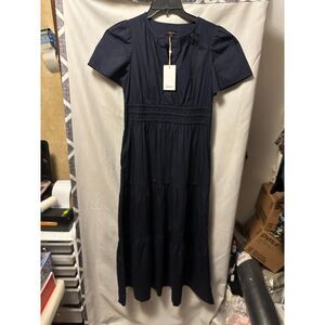 NWT Quince 100% Organic Cotton Poplin Tiered Maxi Dress Navy Size Small